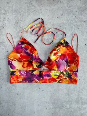 GARAGE Keyhole Satin Halter Top M Painted Floral Orange Tropical Smocked